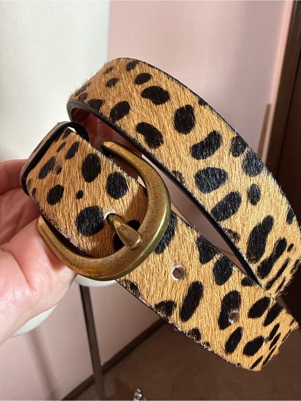 Vintage leopard print pony hair leather belt Camel Black small